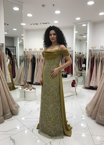 Drapeli Nakışlı Uzun Kadın Abiye Elbise - Görsel 3