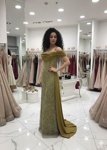 Drapeli Nakışlı Uzun Kadın Abiye Elbise - Görsel 2