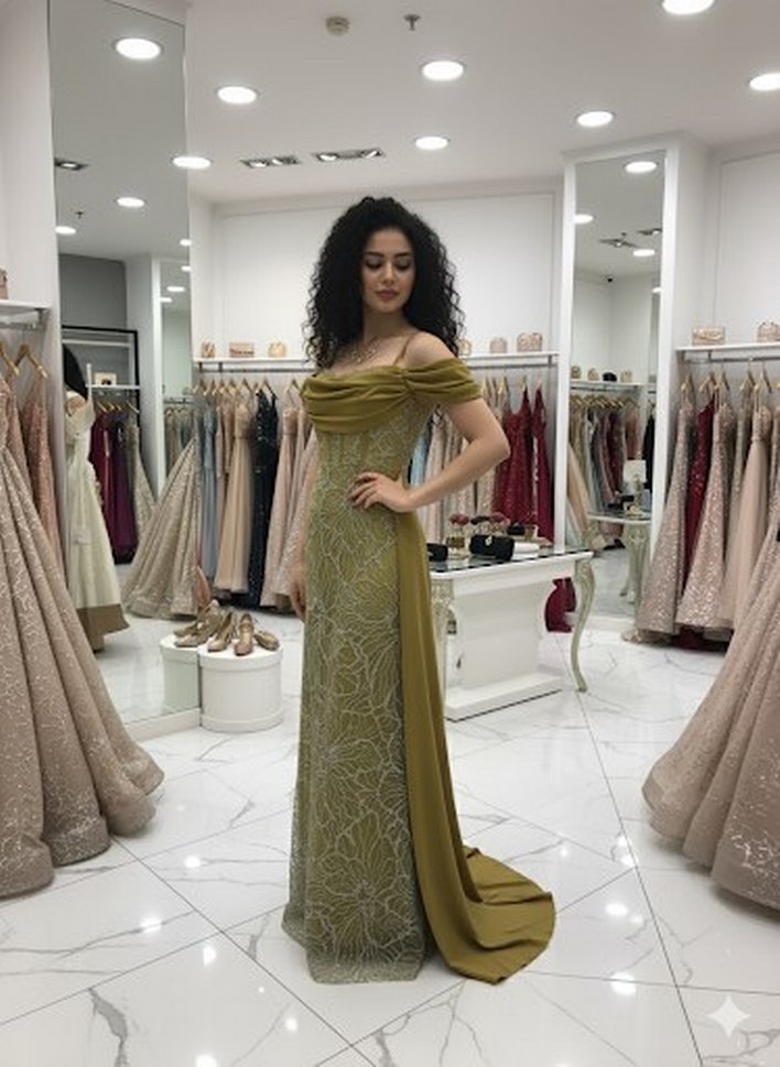 Drapeli Nakışlı Uzun Kadın Abiye Elbise - Görsel 2