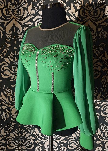 Uzun Kol Detaylı Boncuk İşlemeli Yeşil Abiye - Görsel 5