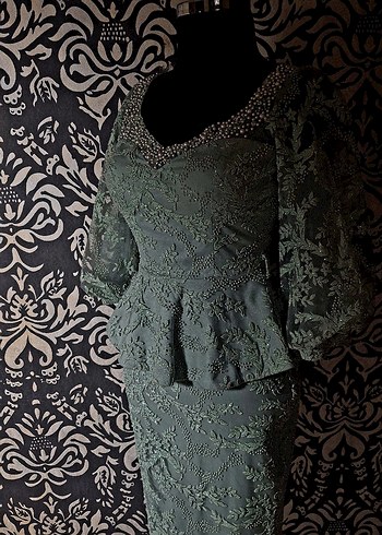 Turkuaz Nakışlı Dantel Mini Elbise - Görsel 6