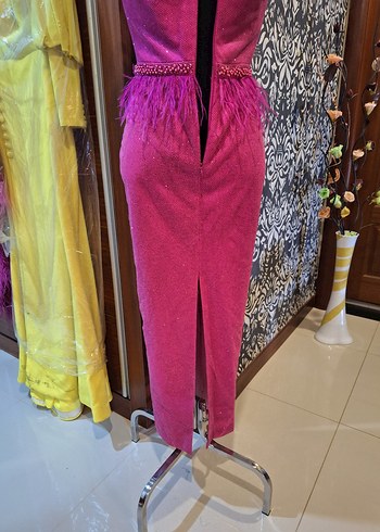 Pembe Uzun Abiye Elbise Dantelli - Görsel 4