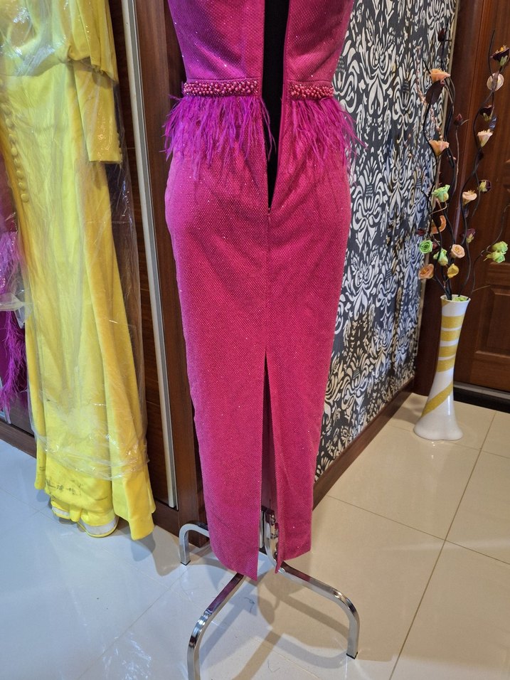 Pembe Uzun Abiye Elbise Dantelli - Görsel 4