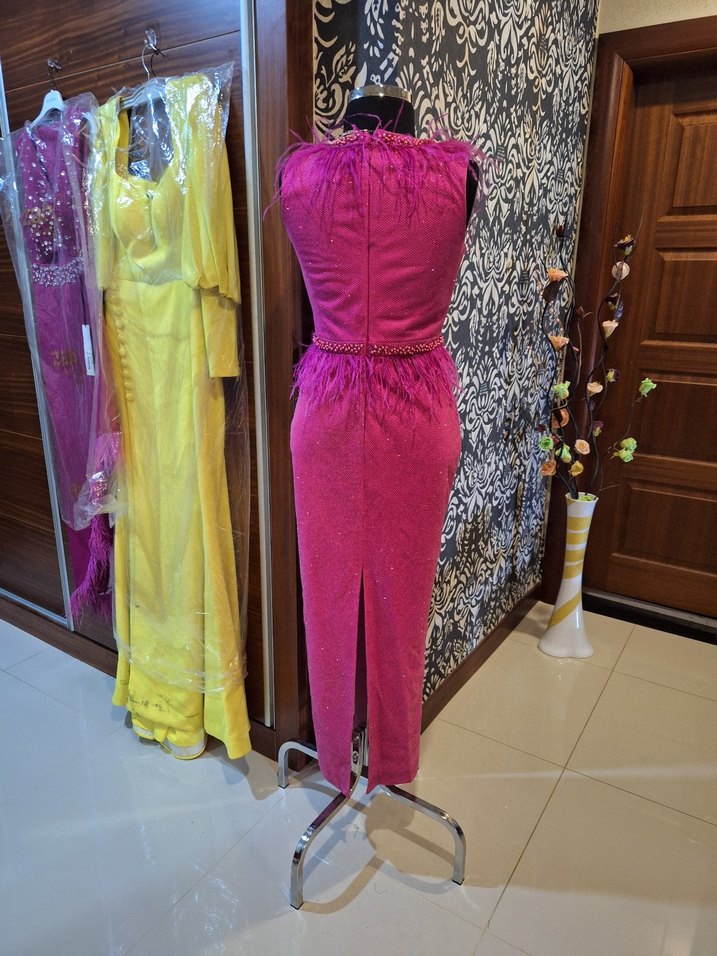 Pembe Uzun Abiye Elbise Dantelli - Görsel 3