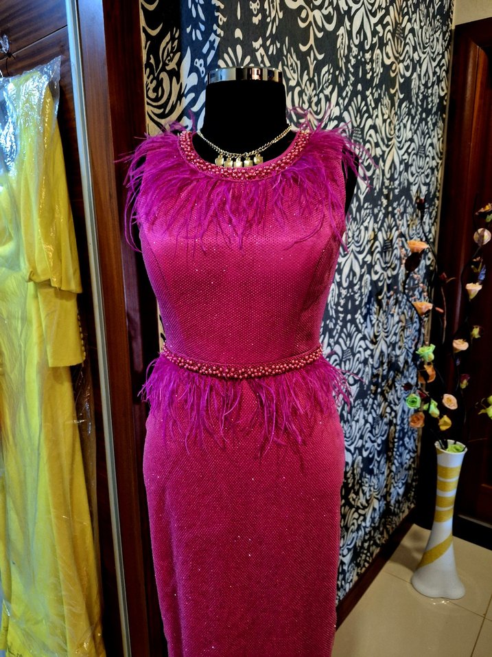 Pembe Uzun Abiye Elbise Dantelli - Görsel 2