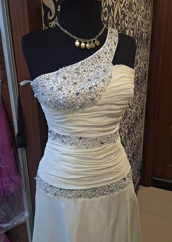 Beyaz Drapeli Uzun Abiye Elbise - Görsel 2