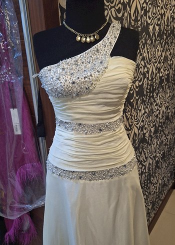 Beyaz Drapeli Uzun Abiye Elbise - Görsel 3