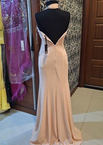 İşlemeli Bej Uzun Abiye Elbise - Görsel 6