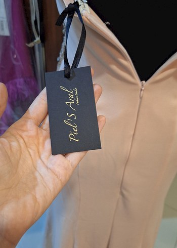 İşlemeli Bej Uzun Abiye Elbise - Görsel 8