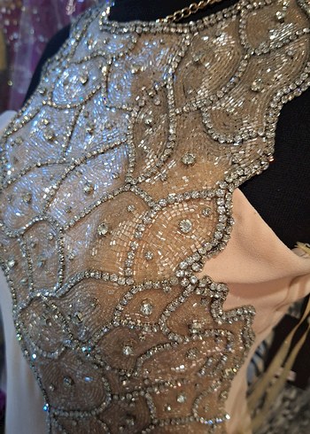 İşlemeli Bej Uzun Abiye Elbise - Görsel 4