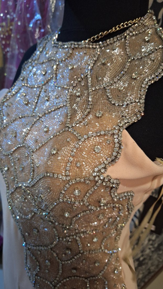 İşlemeli Bej Uzun Abiye Elbise - Görsel 4