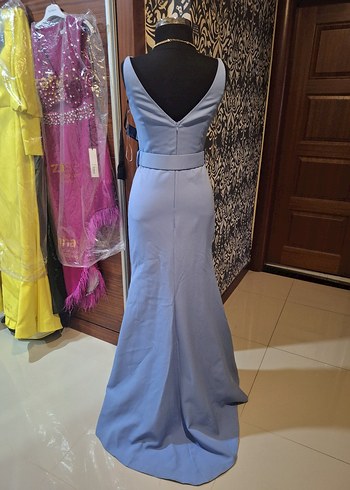 Mavi V Yakalı Uzun Abiye Elbise - Görsel 3