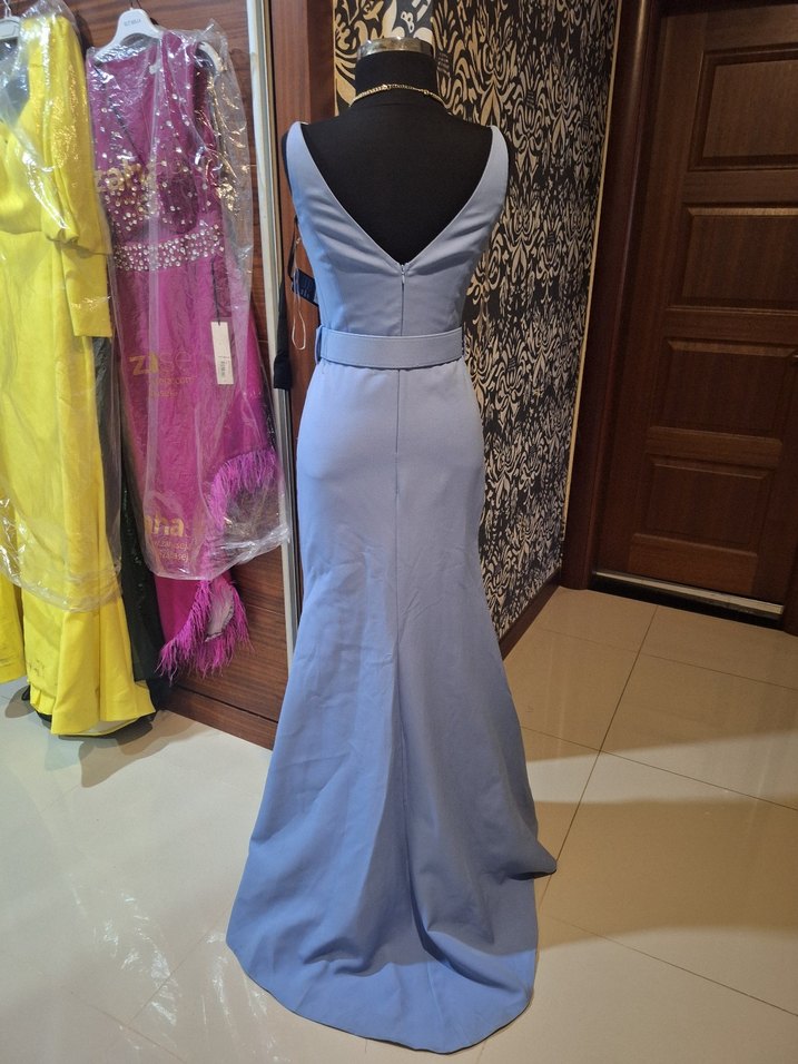 Mavi V Yakalı Uzun Abiye Elbise - Görsel 3