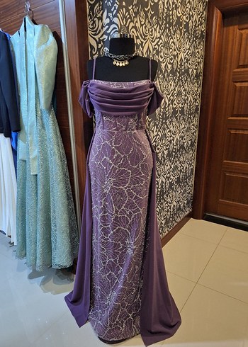 Mor Drapeli Uzun Abiye Elbise - Görsel 3