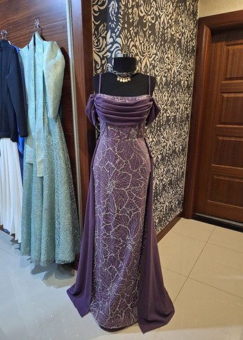 Mor Drapeli Uzun Abiye Elbise - Görsel 2