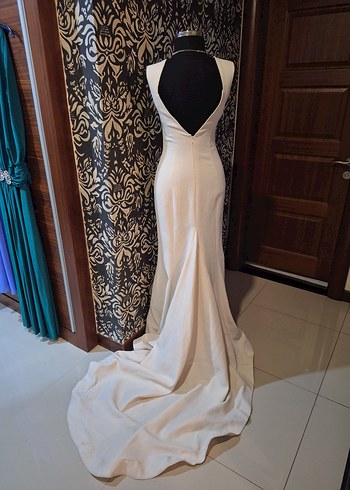 Beyaz Drapeli Uzun Abiye Elbise - Görsel 4