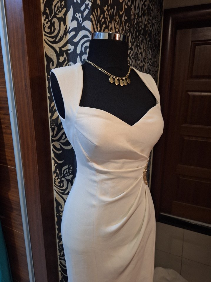 Beyaz Drapeli Uzun Abiye Elbise - Görsel 2