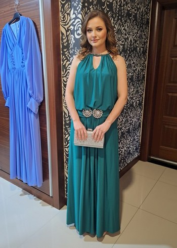 Turkuaz Desenli Uzun Askısız Kadın Elbise - Görsel 6