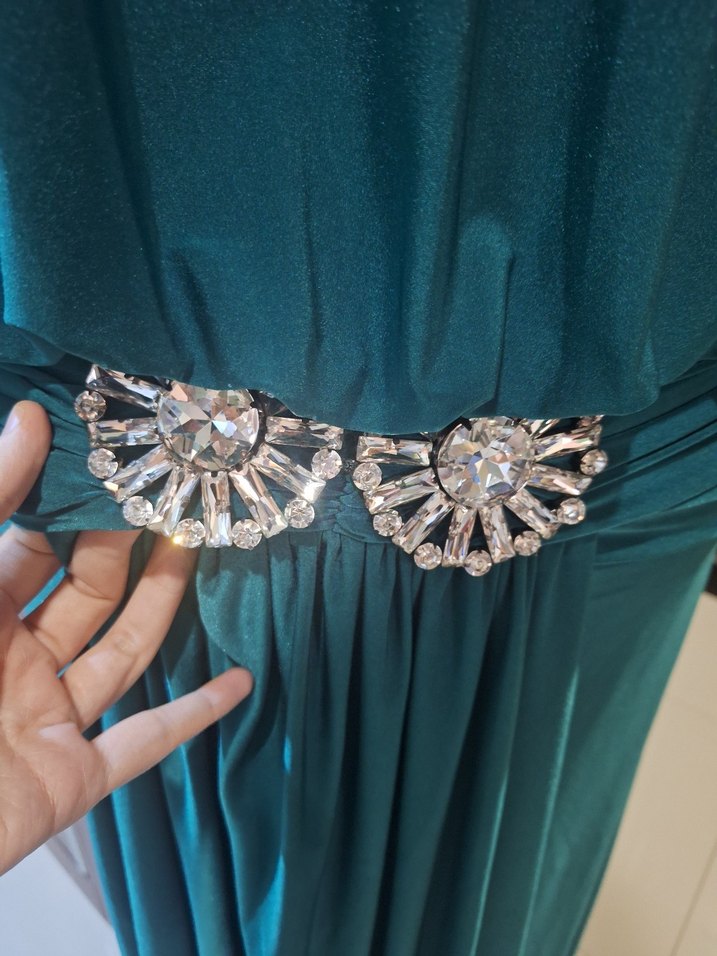 Turkuaz Desenli Uzun Askısız Kadın Elbise - Görsel 3