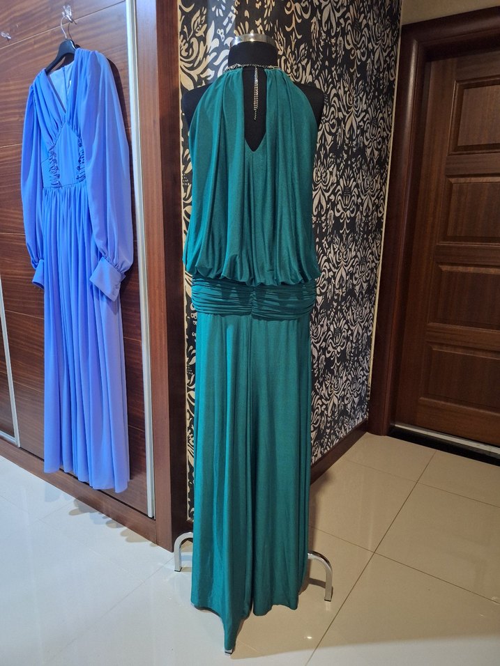 Turkuaz Desenli Uzun Askısız Kadın Elbise - Görsel 4