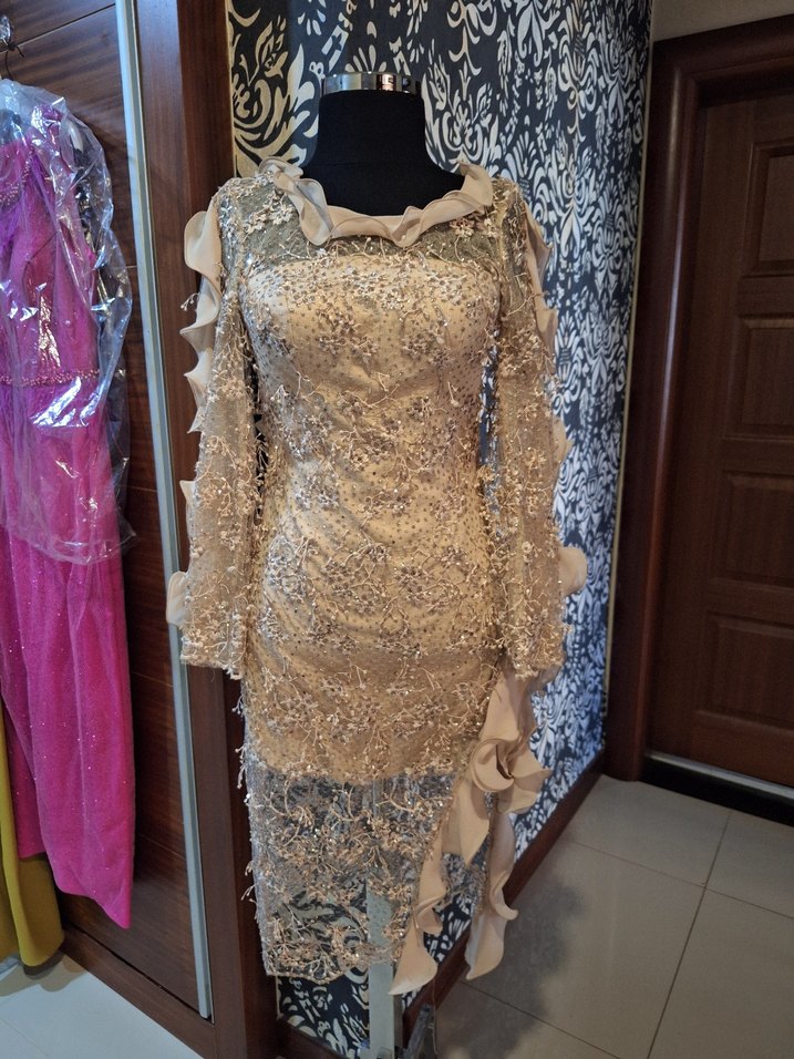 Bej Uzun Kollu Dantel İşlemeli Abiye Elbise - Görsel 2