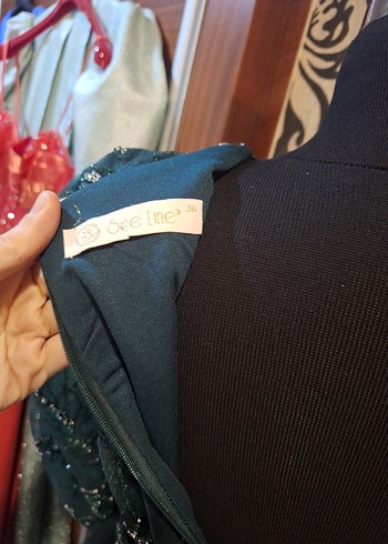 Uzun Kollu Yeşil İşlemeli Abiye Elbise - Görsel 4