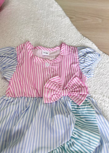 Çizgili, Fırfırlı Çok Renkli Kız Elbisesi - Görsel 3