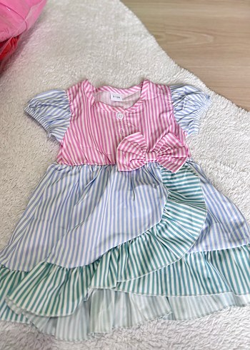 Çizgili, Fırfırlı Çok Renkli Kız Elbisesi - Görsel 2