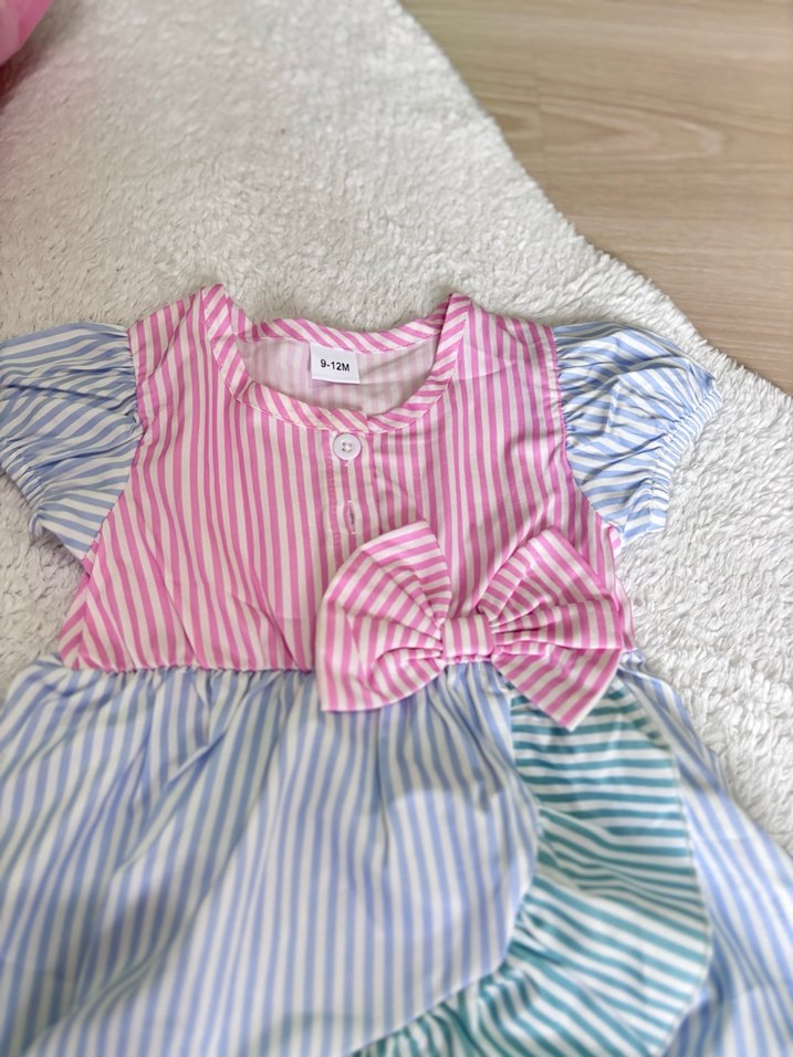 Çizgili, Fırfırlı Çok Renkli Kız Elbisesi - Görsel 3