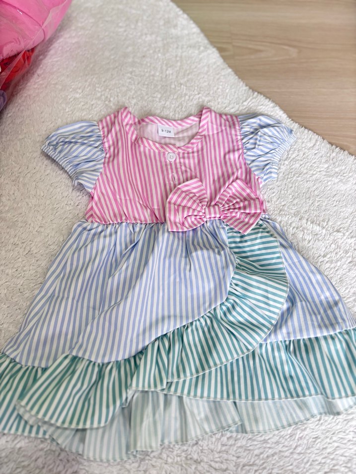 Çizgili, Fırfırlı Çok Renkli Kız Elbisesi - Görsel 2