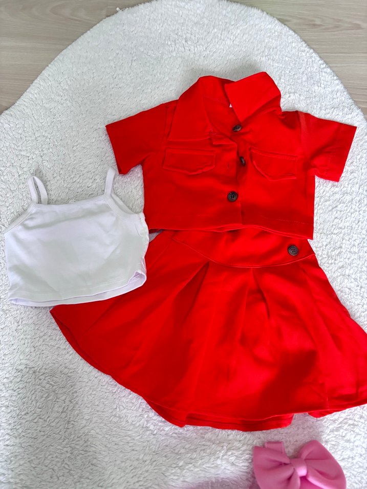 Kırmızı Kısa Kollu Düğmeli Kız Elbisesi - Görsel 2
