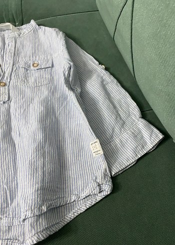 Erkek Çocuk Mavi Çizgili Keten Gömlek - Görsel 3