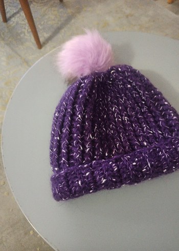 Mor Ponponlu Kadın Örgü Bere - Görsel 4