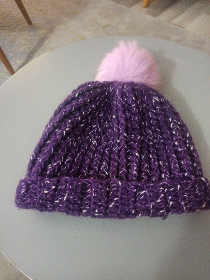 Mor Ponponlu Kadın Örgü Bere - Görsel 2