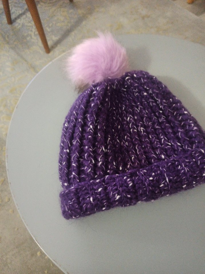 Mor Ponponlu Kadın Örgü Bere - Görsel 4