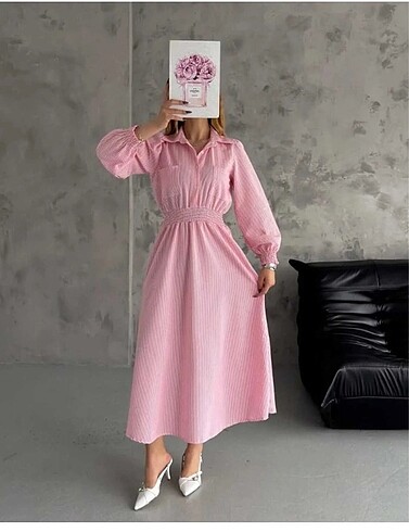 Pembe beli lastikli uzun elbise