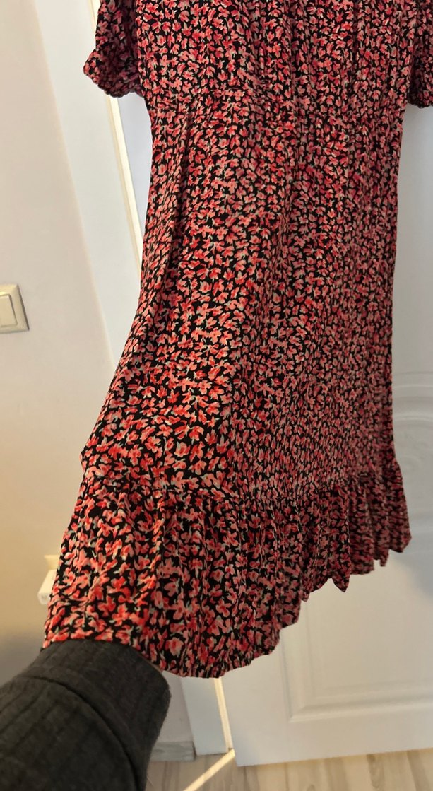 Kırmızı V Yaka Pilili Hamile Elbise - Görsel 5