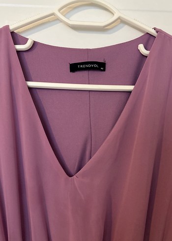 Mor V Yaka Fırfırlı Midi Elbise - Görsel 2