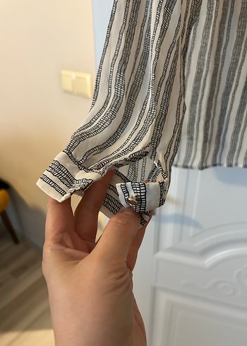 Bej Çizgili şifon Gömlek Kadın - Görsel 5