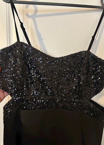 Siyah Parlak Midi askılı Elbise - Görsel 3