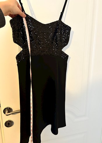 Siyah Parlak Midi askılı Elbise - Görsel 7