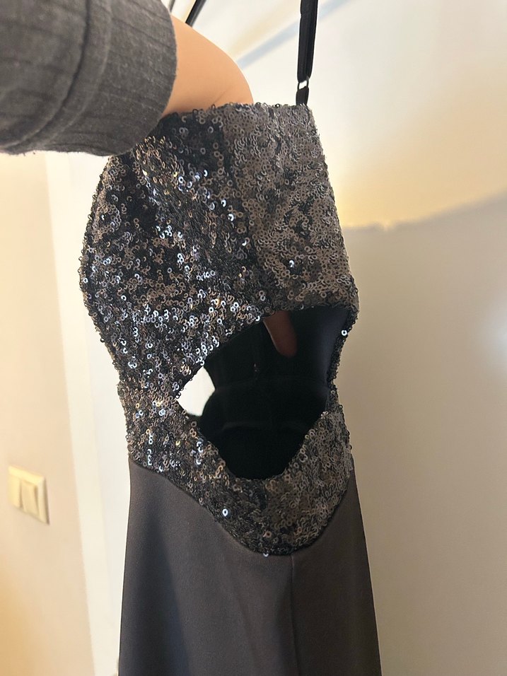 Siyah Parlak Midi askılı Elbise - Görsel 2