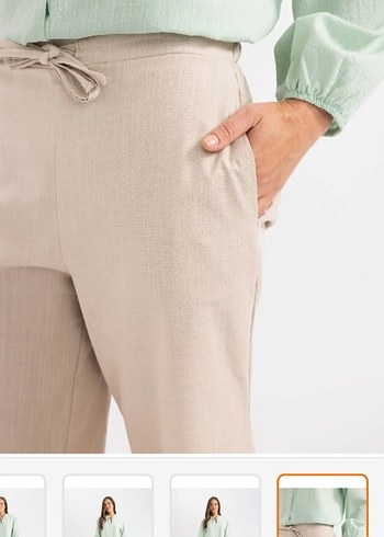 Bej Bol Kesim Keten Kapri Pantolon - Görsel 6