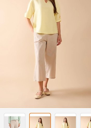 Bej Bol Kesim Keten Kapri Pantolon - Görsel 5