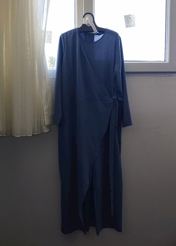 Uzun Kollu Mavi Drapeli Uzun Elbise - Görsel 3