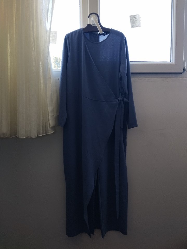 Uzun Kollu Mavi Drapeli Uzun Elbise - Görsel 3