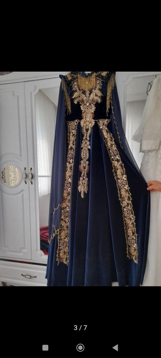 Uzun Kollu Lacivert Gotik Drape Abiye - Görsel 5