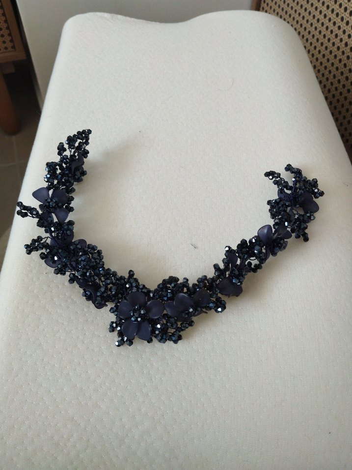 Boncuk İşlemeli Mavi Örgü Saç Aksesuarı - Görsel 2