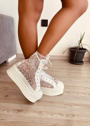 Beyaz Nakışlı Bağcıklı Platform Kadın Spor Ayakkabı - Görsel 4