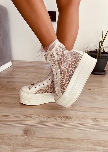 Beyaz Nakışlı Bağcıklı Platform Kadın Spor Ayakkabı - Görsel 3